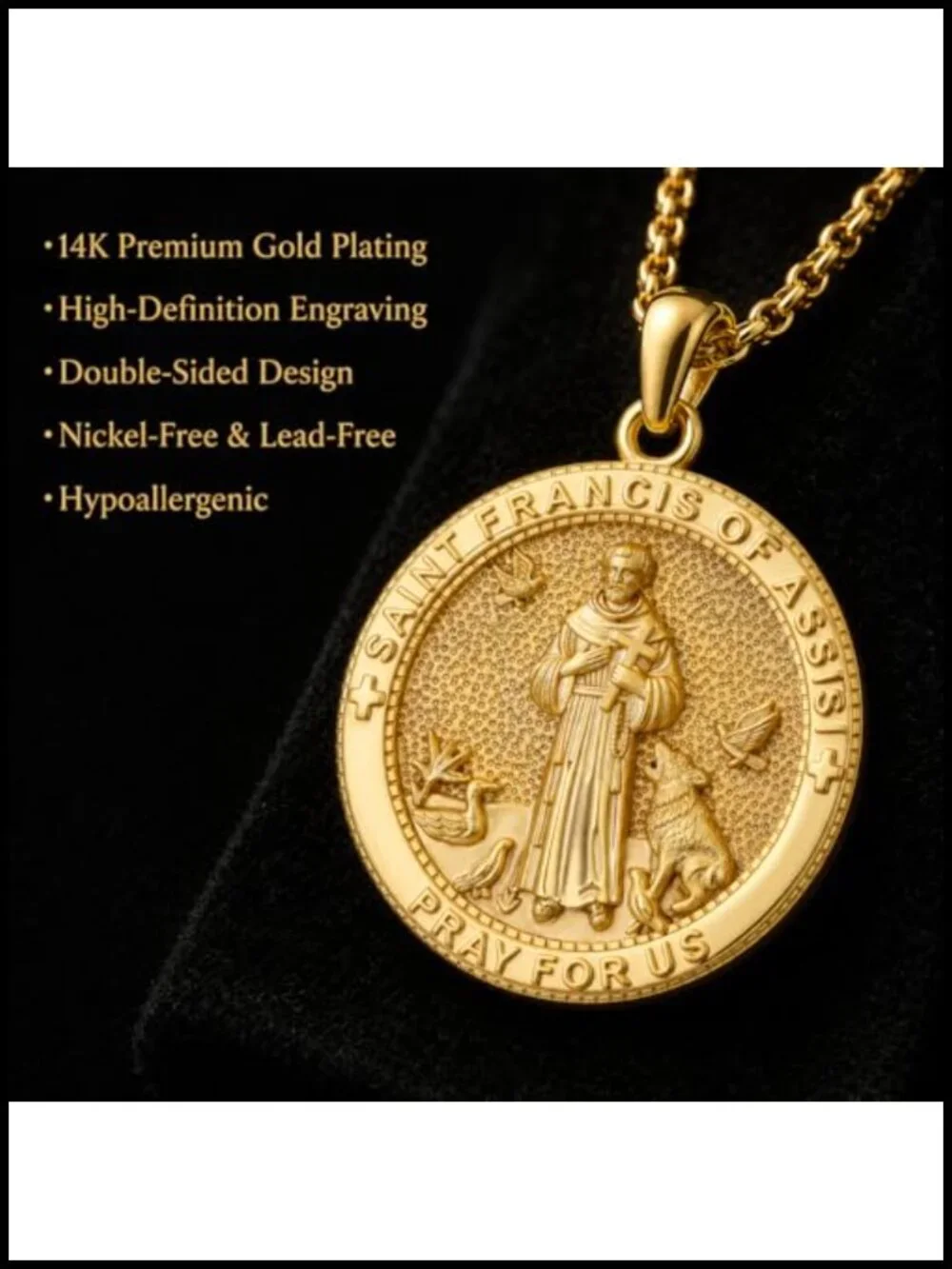 14K Gold Plated St Francis Medal Necklace Catholic Pendant for Men Women